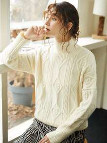 Knit Mix Women's Turtleneck Pullover Knitted Sweater - Apricot - View 3