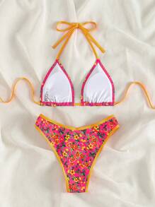 SHEIN Swim Conjunto de bikini sexy de mujer con arnés de flores pequeñas para playa de verano