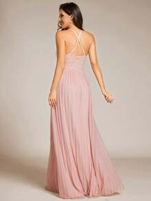 Deep V-Neck Pleated Bridesmaid Dress With Spaghetti Straps And Back Crossed Tie - Pink - View 2