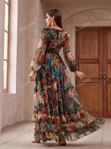 Women's Vintage Floral Long Sleeve Frill Trim Summer Dress