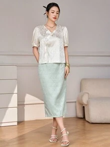 Modelyn Ensemble de vêtements traditionnels chinois Hanfu avec Top à manches courtes avec boucle à col en V et motif floral sombre et jupe, tenue traditionnelle