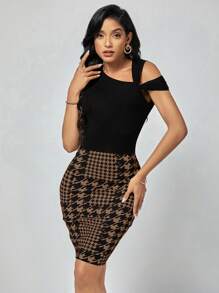 SHEIN Clasi Women's Solid Color Printed Patchwork Dress With Asymmetrical Neckline