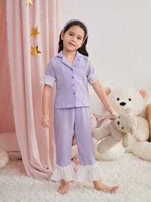 SHEIN Young Girl Elegant And Simple Shirt Collar With Lace Decorations Papery Sleepwear, 2pcs Set (Sold Separately), Matching Sibling Outfits - Mauve Purple - View 4