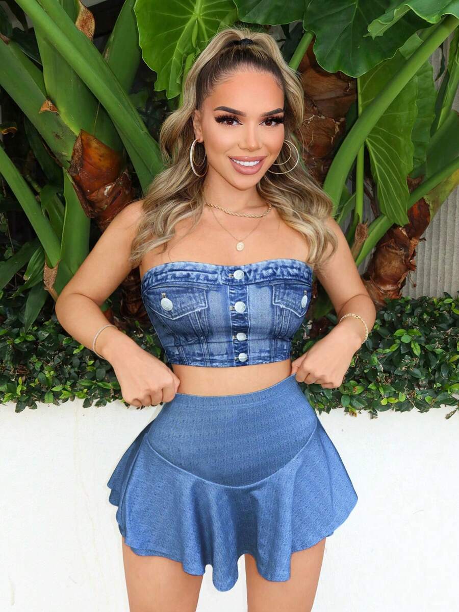SHEIN SXY Roupa de Verão Feminina, Top Tubo de Efeito Denim com Bolso, Top Babado, Shorts, Conjunto Feminino - Azul - Visão 1
