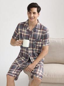 Men's Plaid Short Sleeve And Long Pants Homewear Set - Dark Grey - View 6