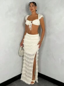 SHEIN BAE Áo crop top họa tiết màu trơn cho nữ với đường viền cổ ngọt ngào và chi tiết thắt nút, kết hợp với váy xẻ đùi cao cho trang phục kỳ nghỉ hè gợi cảm - Màu be - Xem 4