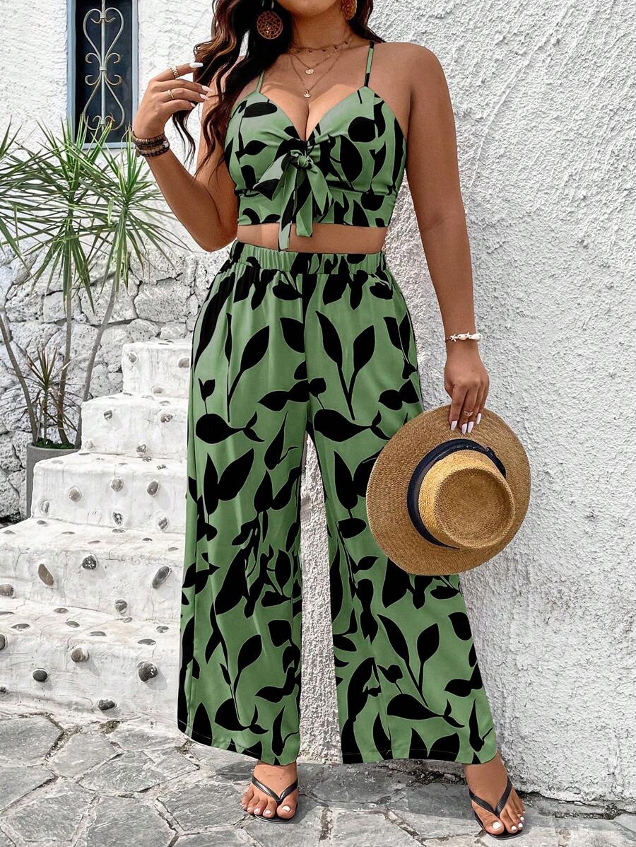 Breezaya Plus Size Wiązany top na ramiączkach i szorty z nadrukiem na całej powierzchni Letnie wakacje Dwuczęściowy zestaw