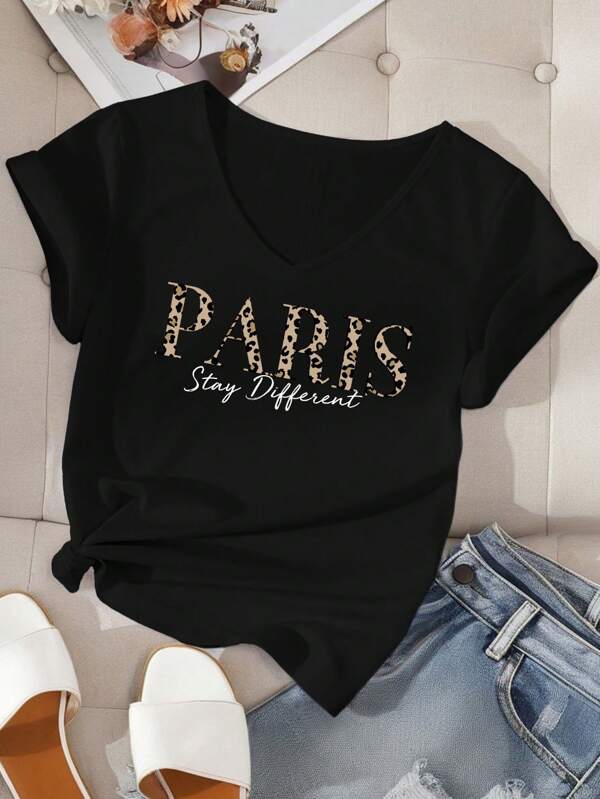 EMERY ROSE Tricou cu mânecă scurtă, cu decolteu în V, cu imprimeu cu litere și leopard de la Paris, pentru femei, ocazional, potrivit pentru vară