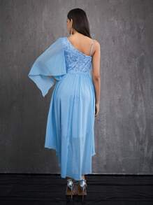 Mgiacy 不对称领口亮片雪纺单袖高低高端晚礼服派对礼服婚礼宾客礼服舞会礼服