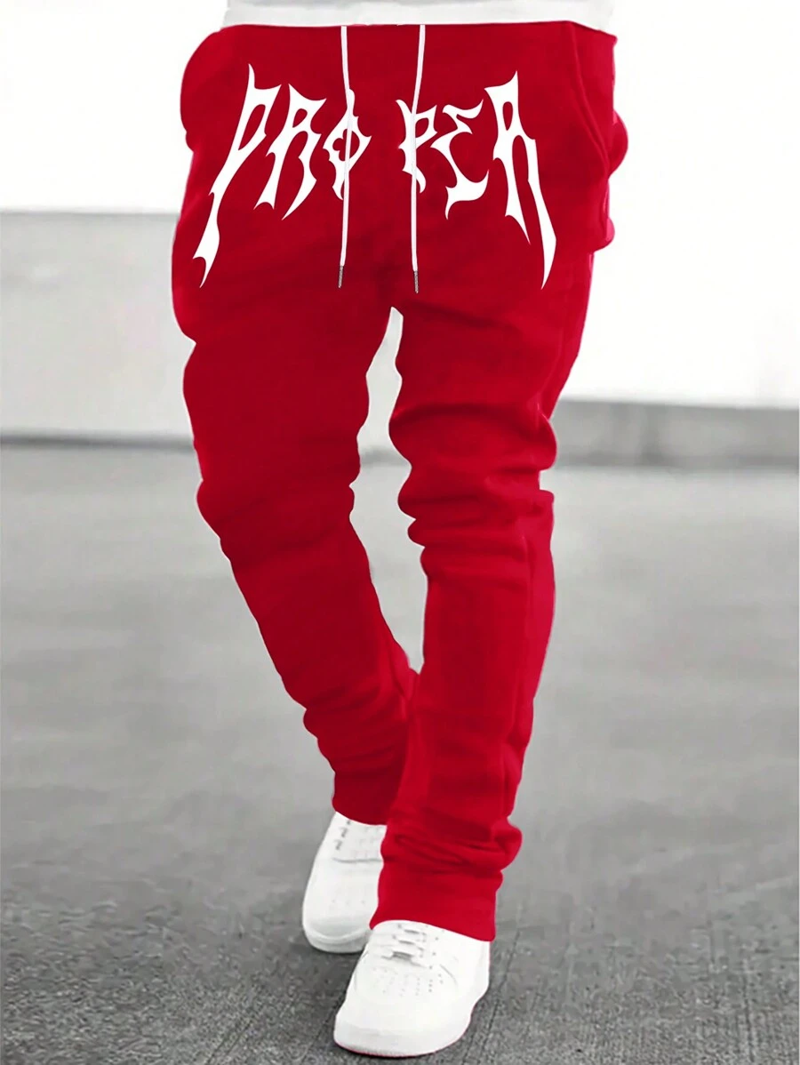 Manfinity EMRG Men's Letter Printed Jogger Pants With Pockets - Burgundy - View 1