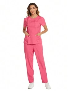 女士纯色简约日常穿着拉链上衣和裤子手术服护士套装