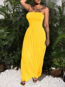 Slaydiva Casual Yellow Ruched Strapless Bodycon Tube Dress - Yellow - View 1