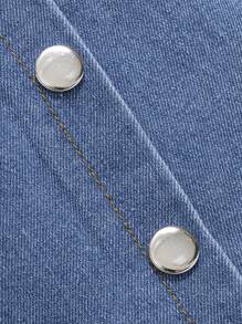 SHEIN Set de ropa de verano para bebé niña de 2 piezas, parte superior corta con cuello redondo y linda flor bordada con falda vaquera - Celeste - Ver 5