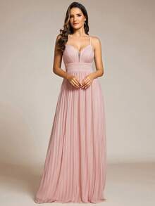 Deep V-Neck Pleated Bridesmaid Dress With Spaghetti Straps And Back Crossed Tie - Pink - View 4