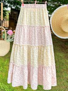 Elamini 女士拼色随机印花简约日常长裙女装秋季女装