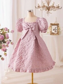 SHEIN Váy phong cách cổ điển của Tween Girl có cổ vuông, tay áo xếp nếp và trang trí nơ - Hồng - Xem 4