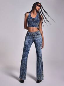 Metallic Embellished Denim Washed Sleeveless Camisole Top - Medium Wash - View 2