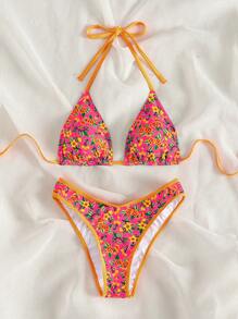 SHEIN Swim Conjunto de bikini sexy de mujer con arnés de flores pequeñas para playa de verano