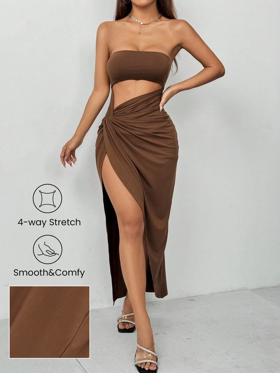 SHEIN PETITE Vestido corto con detalle de nudo en el frente y abertura lateral alta con tela elástica - Marrón - Ver 1