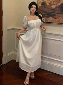 DAZY Women's Ruffle Short Sleeve Waist Cinched Dress Sundress - White - View 3