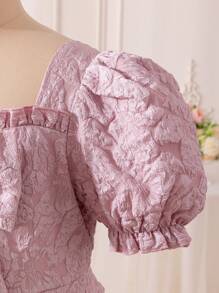 SHEIN Váy phong cách cổ điển của Tween Girl có cổ vuông, tay áo xếp nếp và trang trí nơ - Hồng - Xem 5