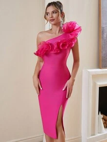 One Shoulder Ruffled Split Tight Bodycon Bandage Dress For Cocktail Party - Hot Pink - View 6
