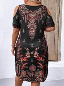 EMERY ROSE Vestido casual recto de hombros descubiertos con estampado floral para mujeres de talla grande para el verano - Negro - Ver 2