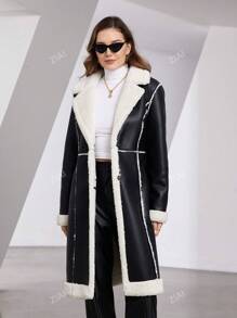 ZIAI Chaqueta de piel con cuello mullido, con cinturón, bolsillos y de moda para el otoño/invierno