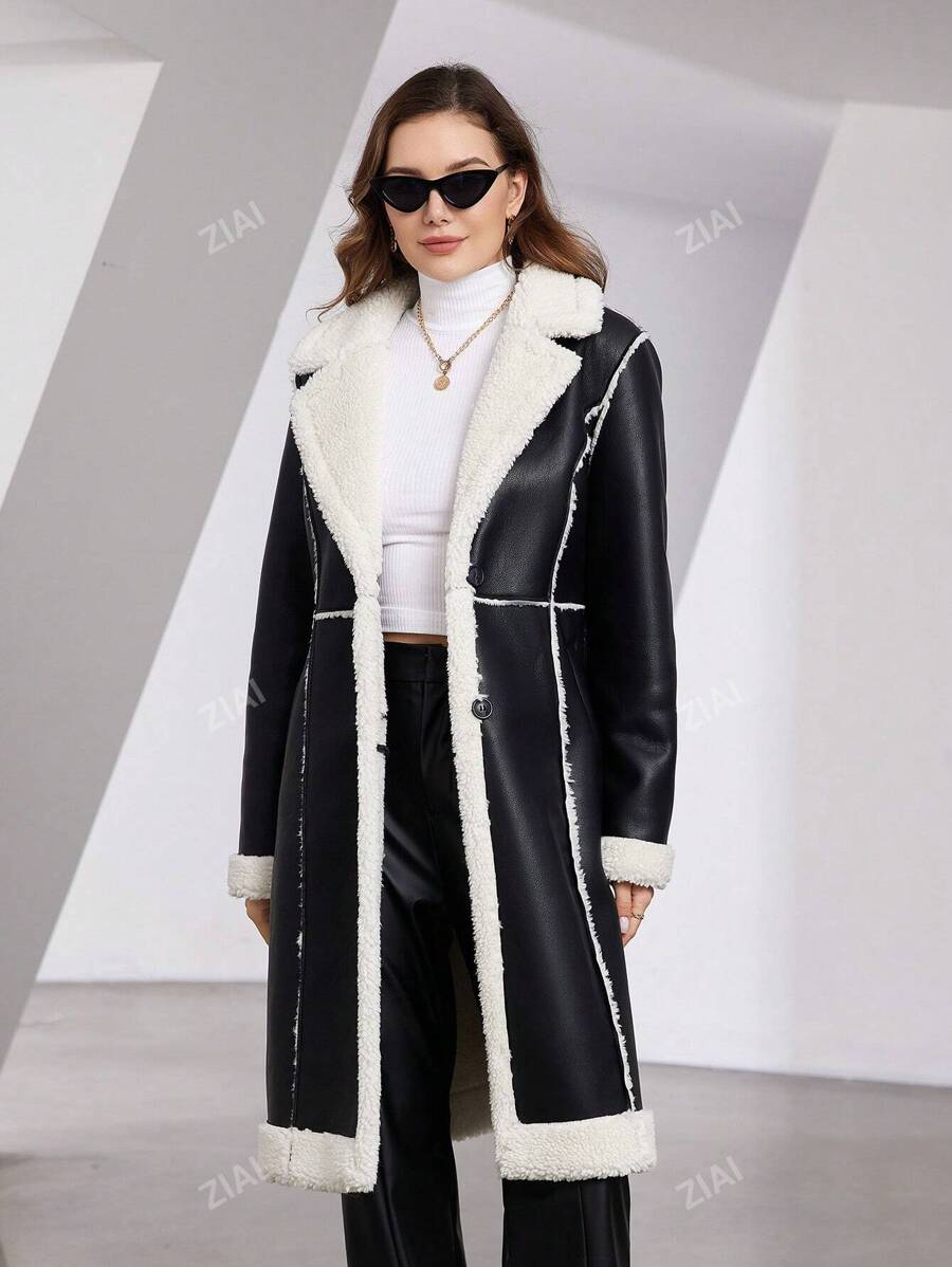 ZIAI Chaqueta de piel con cuello mullido, con cinturón, bolsillos y de moda para el otoño/invierno