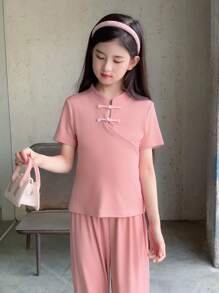 Tween Girl Summer Casual Solid Color Stand Collar Buttoned Short Sleeve Top And Long Pants Set - Pink - View 1