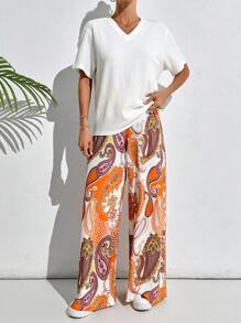 RueChic V-Neck White Tee And Pesley Printed Pants Boho Vacational 2pcs Set - Orange - View 4
