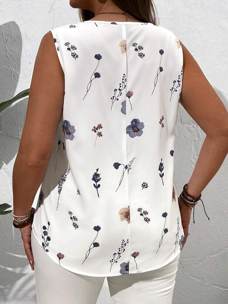 Plus Size Summer Countryside V-Neck Floral Printed Summer Sleeveless Blouse, Casual,Flower/Vacation/Spring