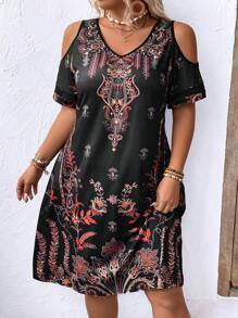 EMERY ROSE Vestido casual recto de hombros descubiertos con estampado floral para mujeres de talla grande para el verano - Negro - Ver 4