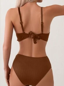 SHEIN Swim Conjunto de bikini de dos piezas para mujer, traje de baño de tela especial para vacaciones, traje de baño de playa de verano