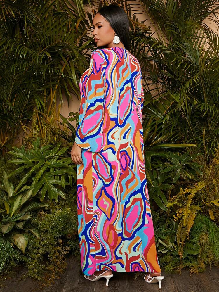 BOHO Summer Vacation Cover-Up Set, Colorful Water Ripple Print Long Beach Cover Up & Wide Leg Shorts, 2pcs