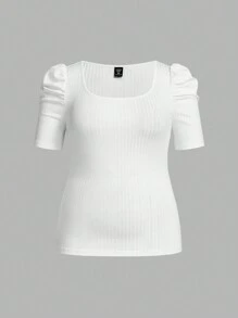 SHEIN Essnce Paquete de 3 camisetas de cuello cuadrado ajustadas de verano para mujer talla grande, ropa de verano para mujer, blusas lindas, camisetas a rayas, atuendos de verano, blusas talla grande, blusas curvilíneas