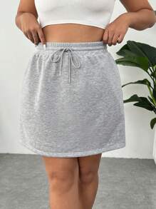 SHEIN EZwear Women's Plus Size Knitted Casual Sweatshirt And Skirt Set - Grey - View 3