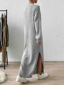 EURMUSE Drop Shoulder Ribbed Knit Sweater Dress - Light Grey - View 4