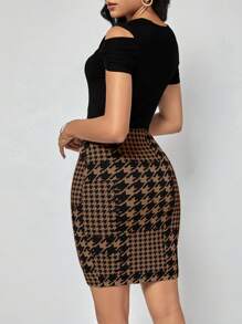 SHEIN Clasi Women's Solid Color Printed Patchwork Dress With Asymmetrical Neckline