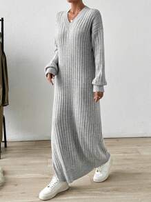 EURMUSE Drop Shoulder Ribbed Knit Sweater Dress - Light Grey - View 5