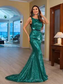 SHEIN Belle Gorgeous Sequined High Slit Mermaid Evening Dress - Dark Green - View 8