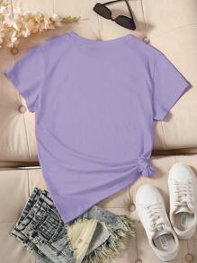 INAWLY 女士夏季花卉印花圆领短袖休闲 T 恤图案 T 恤女式上衣 - 紫丁香色 - 查看 2