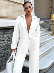 EURMUSE 97%纯棉纯色落肩衬衫和裤子两件套 - 白色 - 查看 5