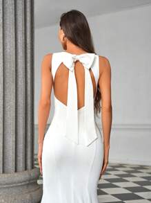 SHEIN Belle Elegant, Gorgeous, Romantic, Sexy, Bow Decorated Fish Tail Wedding Dress With Ultra-Long Train White Bridal Dress,Bride