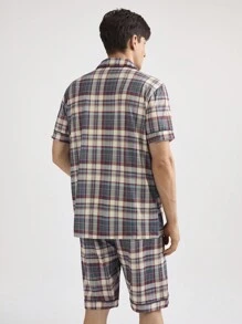 Men's Plaid Short Sleeve And Long Pants Homewear Set - Dark Grey - View 3