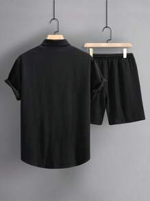 Men Summer Casual Solid Color Short Sleeve Shirt And Shorts Set - Black - View 2