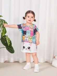 SHEIN Leuke gebreide cartoonpatroon patchwork losse jurk met korte mouwen voor babymeisjes, zomer