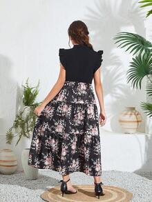 SHEIN Explorewe Vestido Negro Con Estampado De Flores Para Adolescentes - Negro - Ver 2