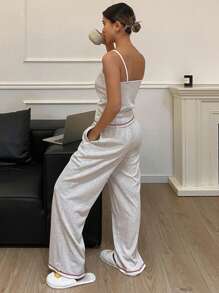 Livesso Colorblock Trim Decorated Cami Top And Long Pants Homewear Set,Back To School Clothes Pajama - Dark Grey - View 2