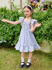 SHEIN Young Girl Striped Casual Midi Dress With Ruffle Trim And Bow Decoration - Purple - View 4